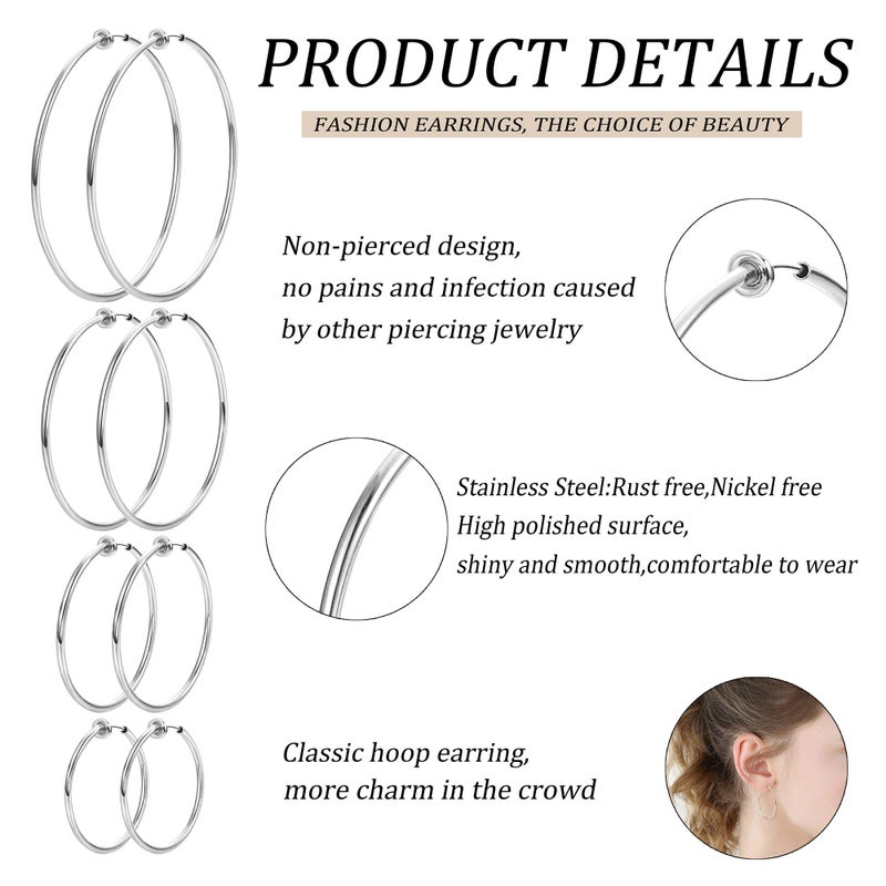 LOYALLOOK 4 Pairs Stainless Steel Clip On Hoop Earrings for Women Fake Hoop Earrings Spring Hoop Earrings For Non-Pierced Ears - Image 3